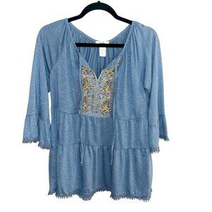 Isela Blue Beaded V-Neck Tie Bell Sleeve Boho Hippie Y2K Pullover Top Size Small